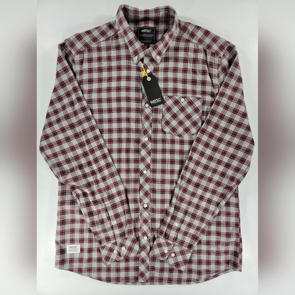 NWT WESC Flannel Men's XL Slim Sweden Pita Red Plaid Checked Cotton Shirt NEW